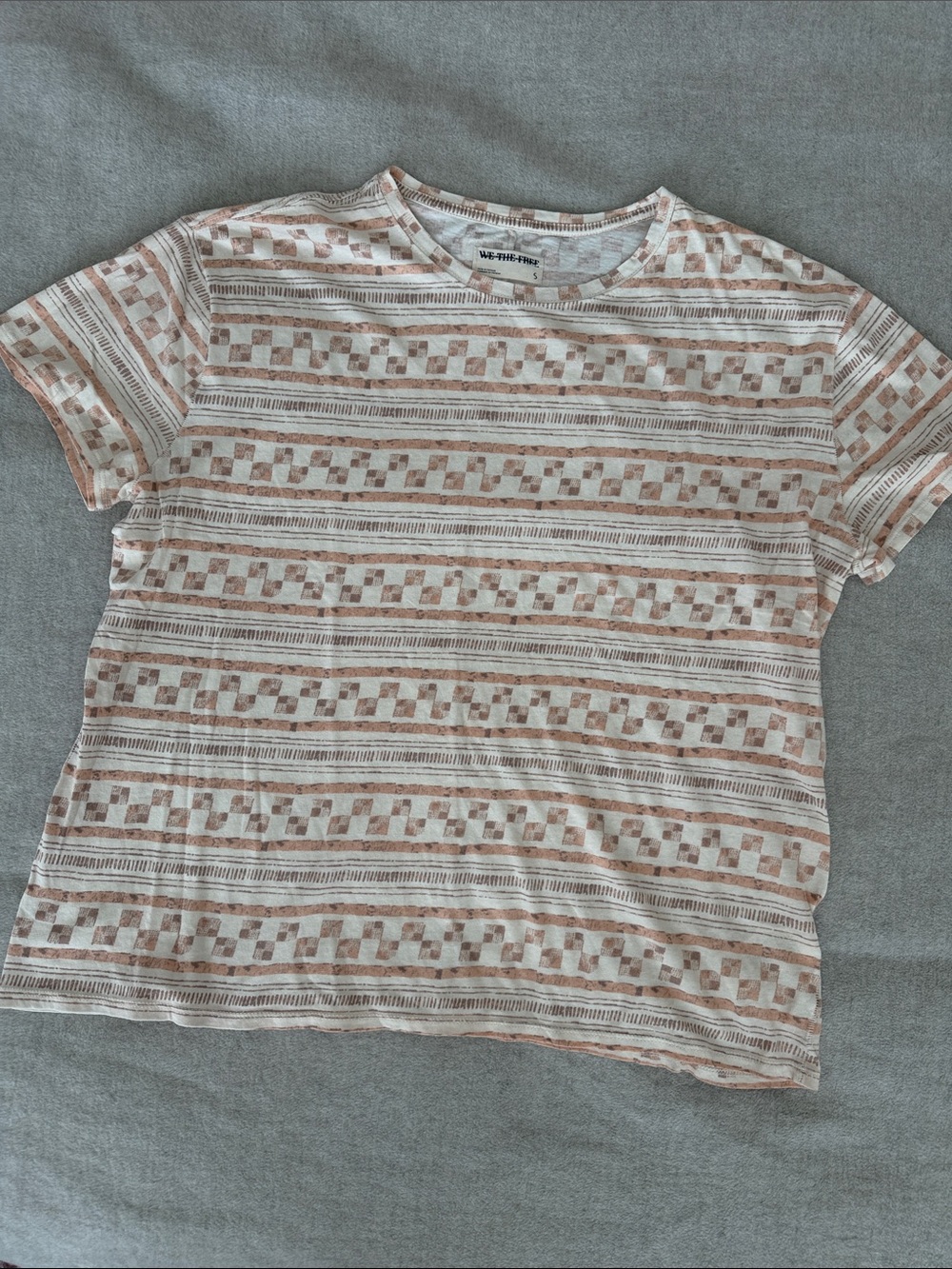We The Free Short Sleeve Crewneck Tee in Cream and Brown Checker Stripe